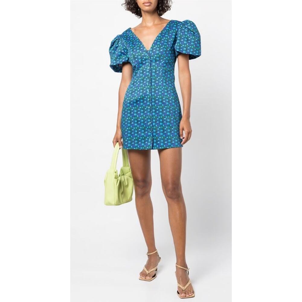 Blue Puff-Sleeve Mini Dress with V-Neck